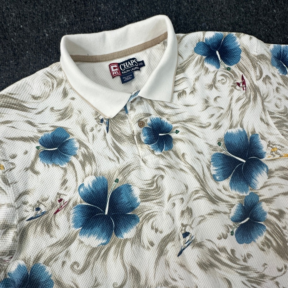 Vtg 90s Chaps Ralph Lauren Polo Shirt Mens XXL Hawaiian Hibiscus Surfer Tropical